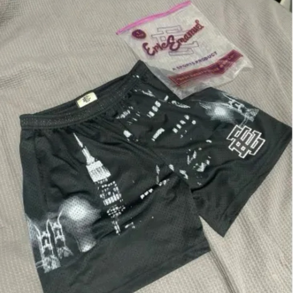 Black Graphic Shorts with Cityscape Design